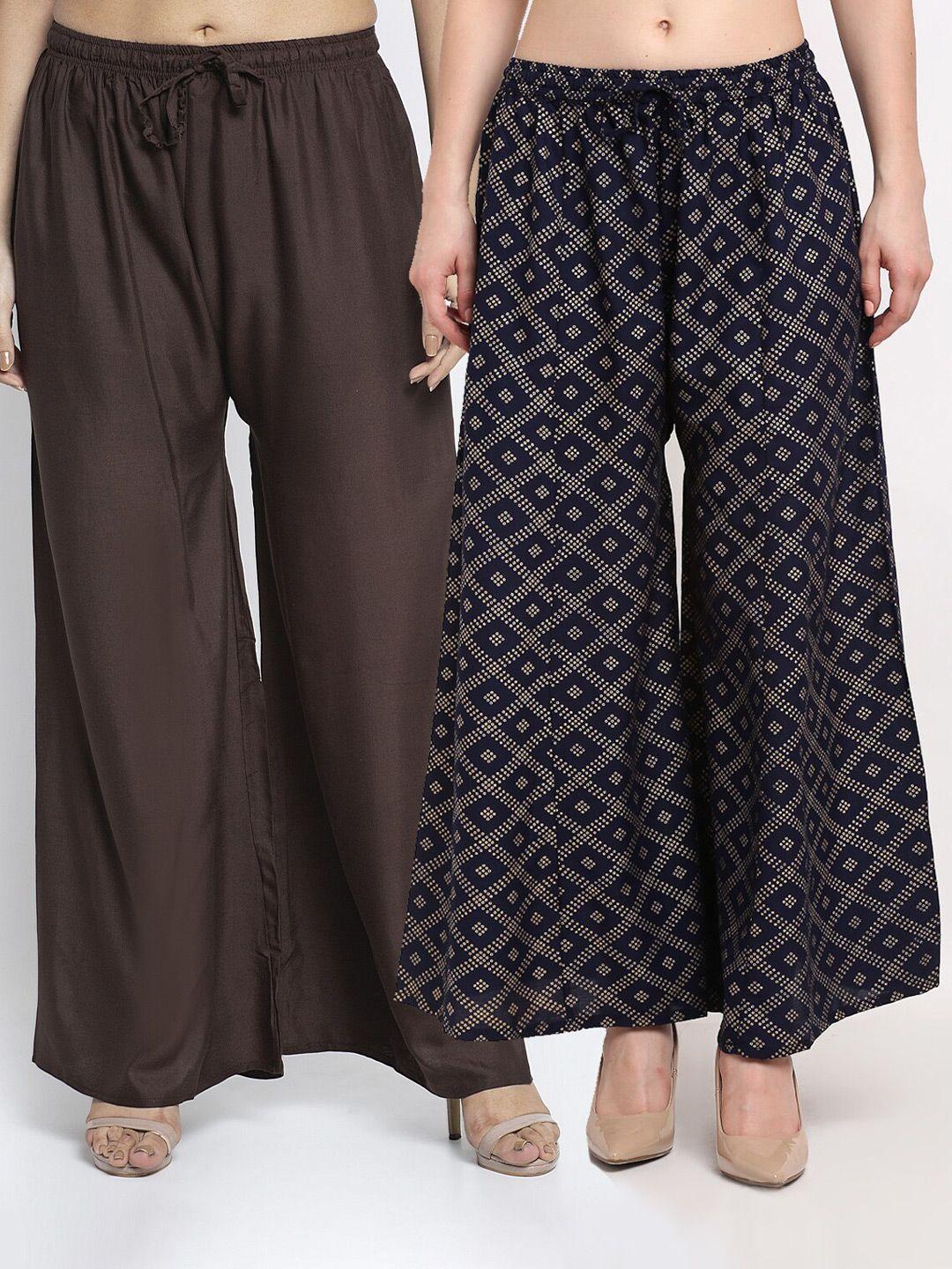 jinfo women brown & navy blue set of 2 printed flared knitted ethnic palazzos