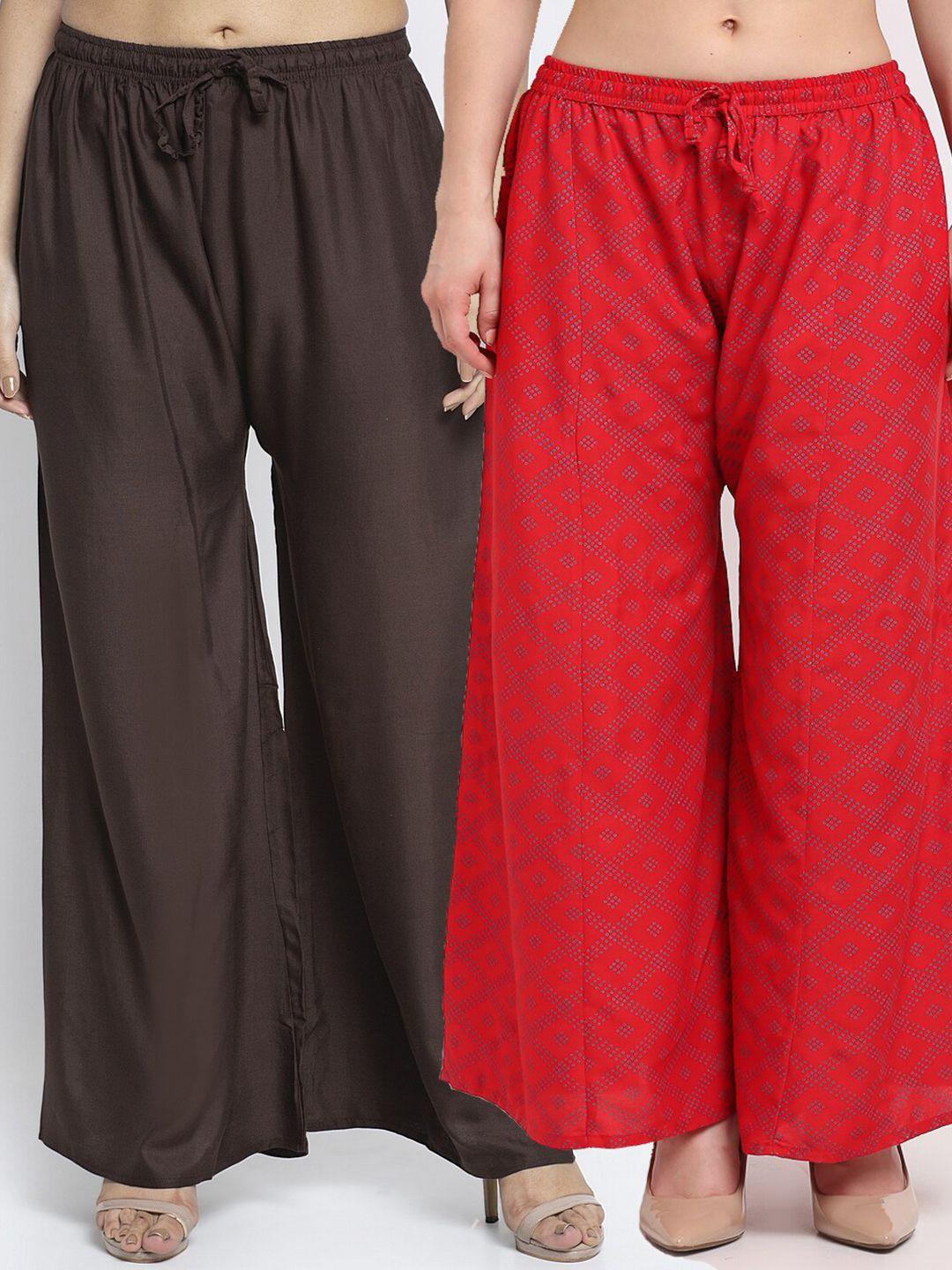jinfo women brown & red set of 2 printed flared knitted ethnic palazzos