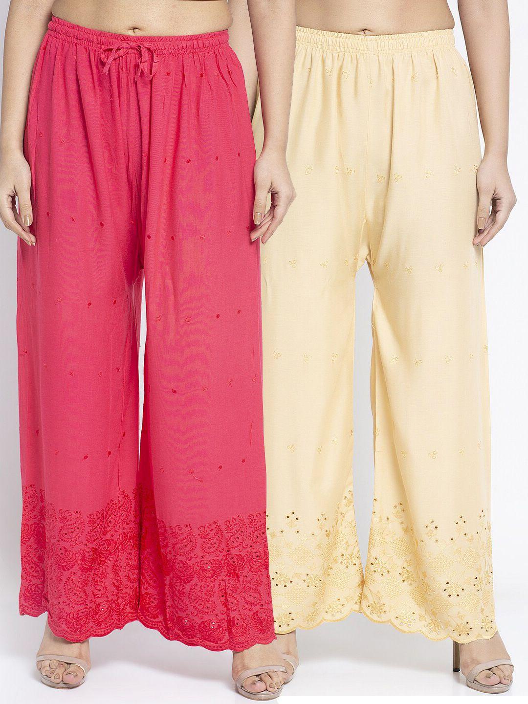 jinfo women coral & beige set of 2 ethnic motifs embroidered flared ethnic palazzos