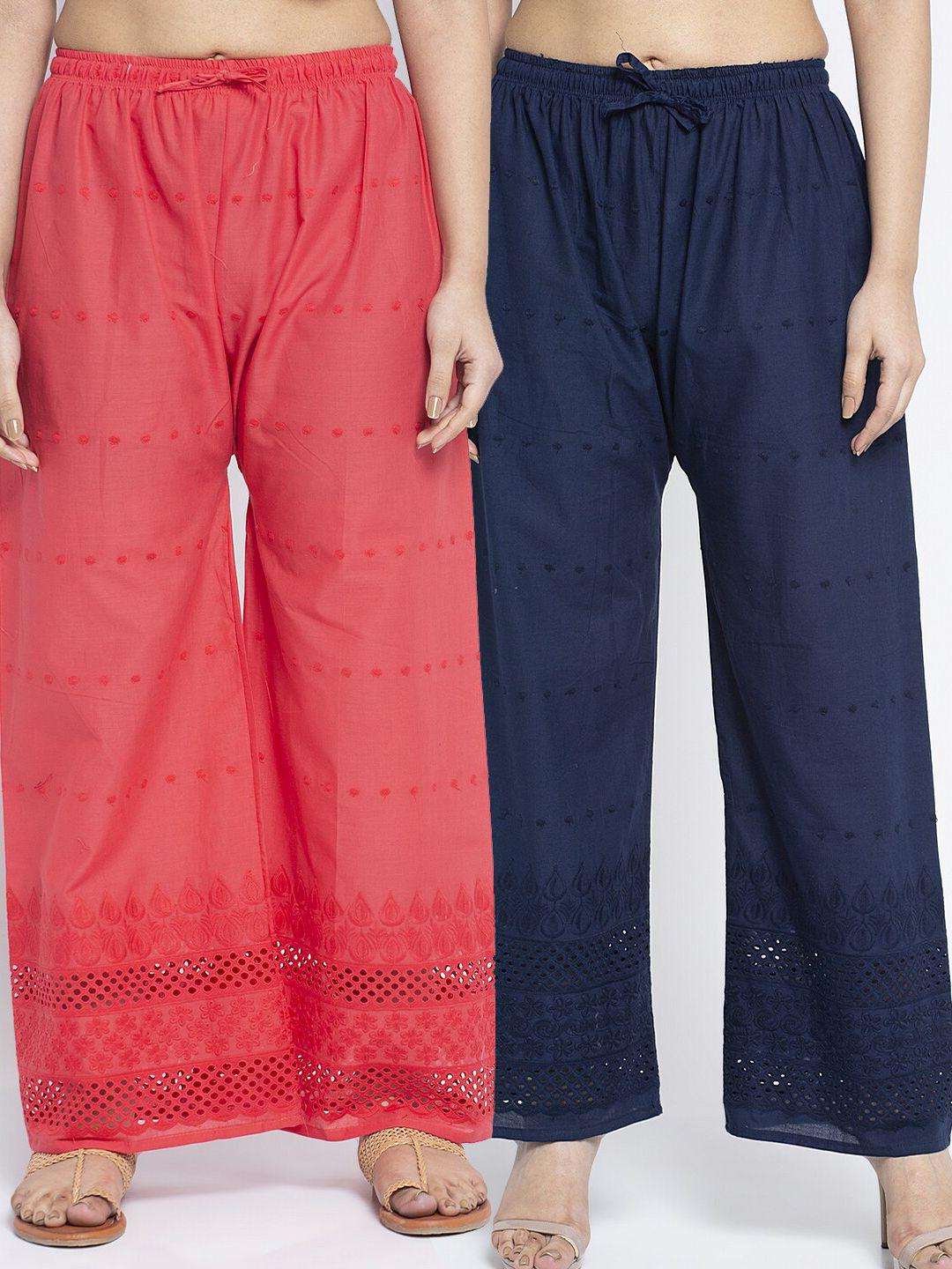 jinfo women coral & navy blue set of 2 embroidered flared ethnic palazzos