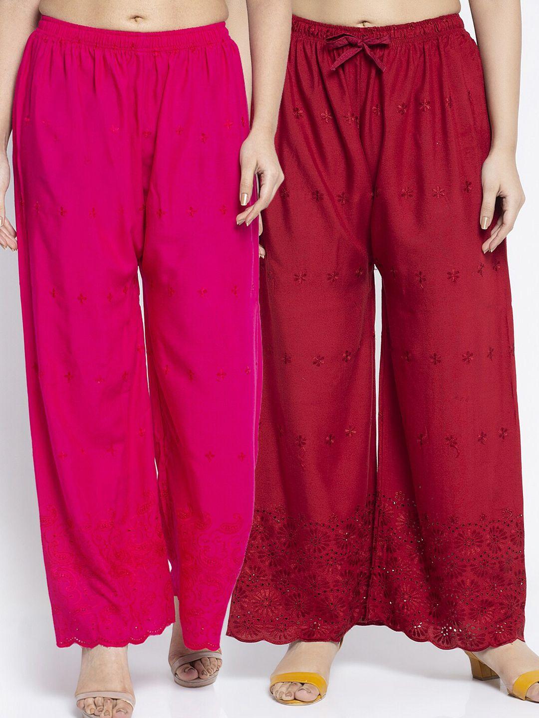 jinfo women fuchsia & maroon set of 2 floral embroidered flared knitted ethnic palazzos