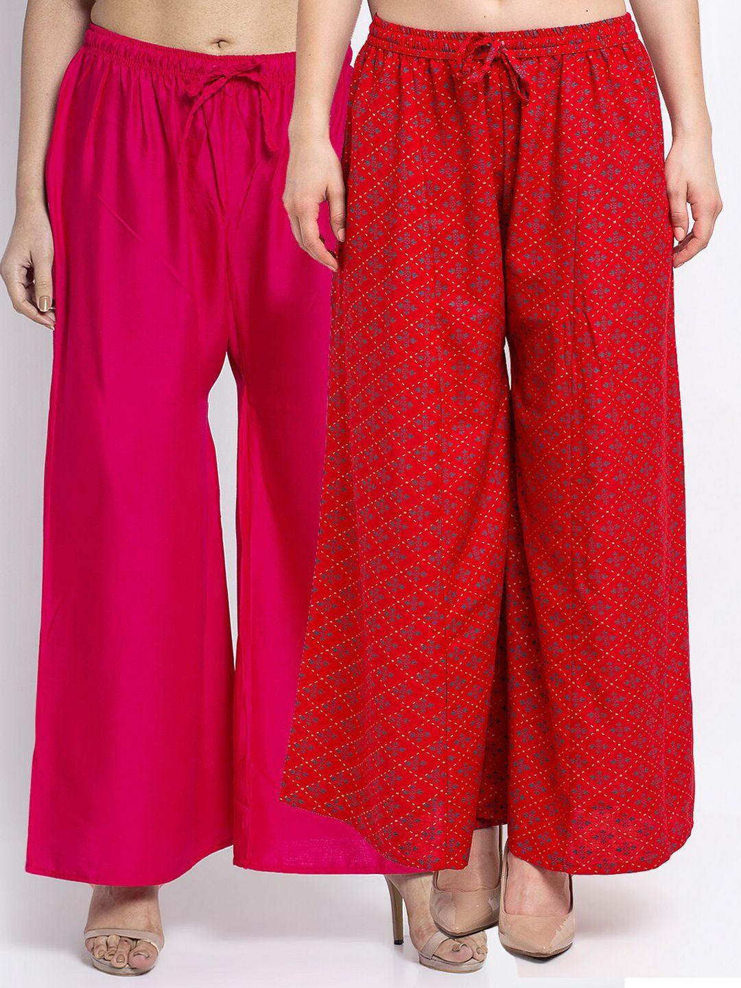 jinfo women fuchsia & red pack of 2 printed flared ethnic palazzos