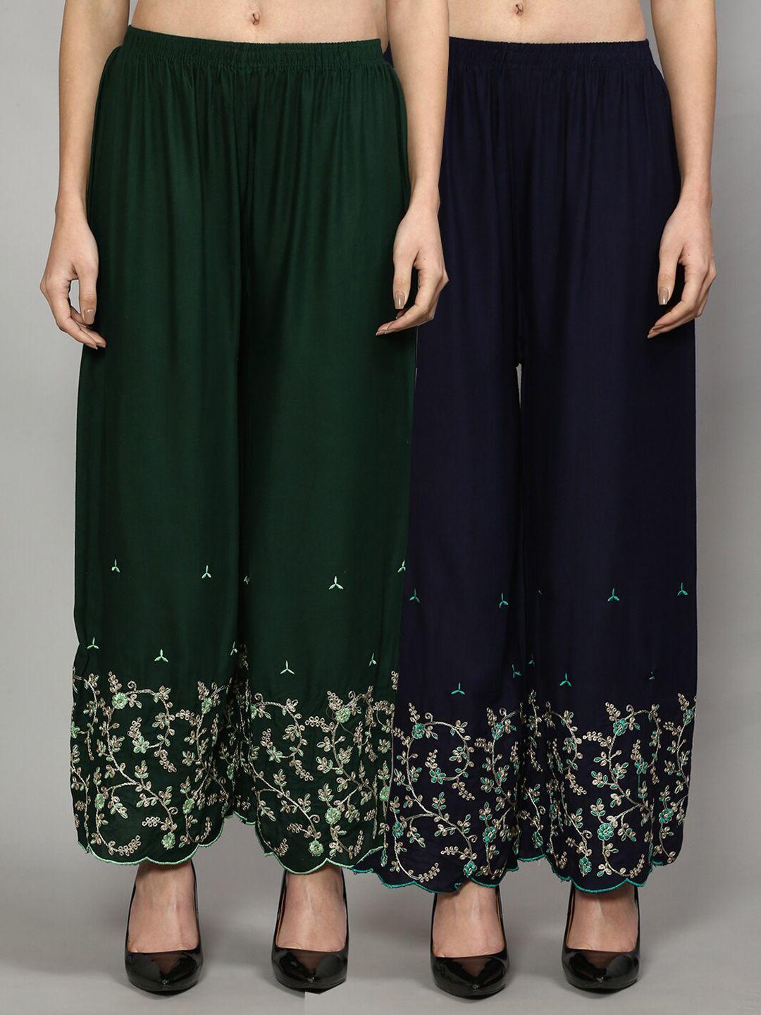 jinfo women green & navy blue pack of 2 floral embroidered flared knitted ethnic palazzos