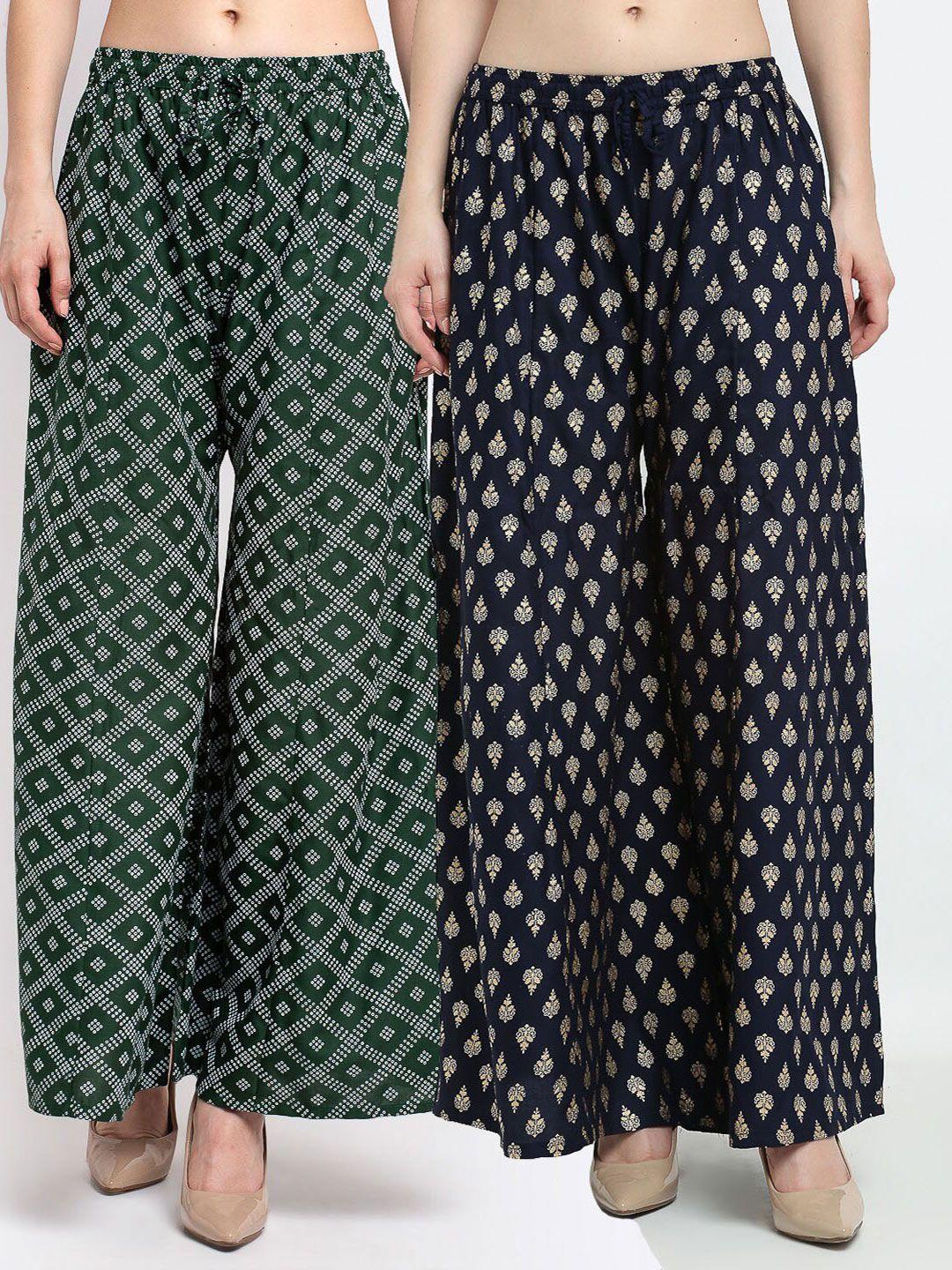 jinfo women green & navy blue set of 2 printed flared knitted ethnic palazzos