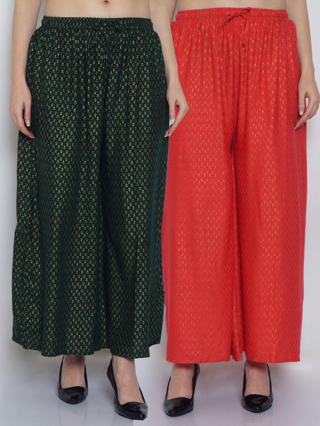 jinfo women green & peach-coloured set of 2 printed flared knitted ethnic palazzos