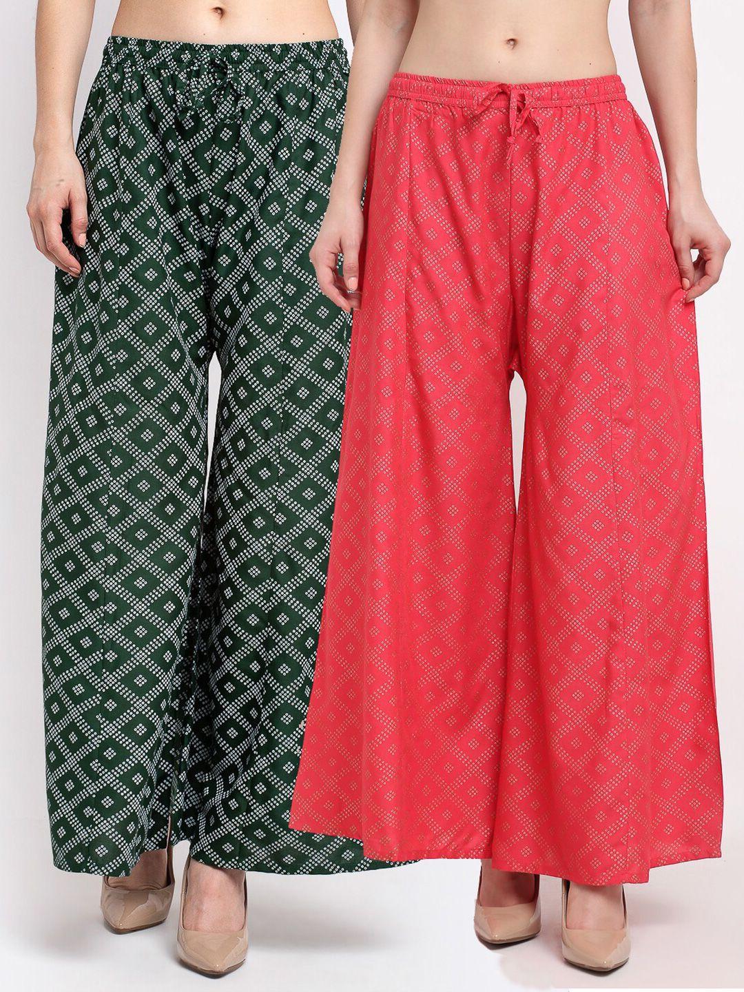 jinfo women green & pink set of 2 printed flared knitted ethnic palazzos