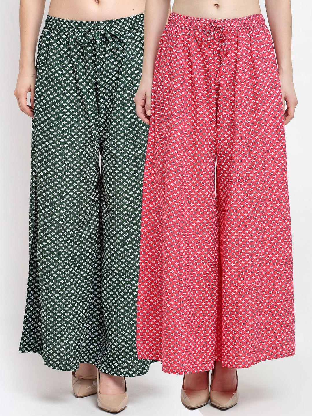 jinfo women green & pink set of 2 printed flared knitted ethnic palazzos