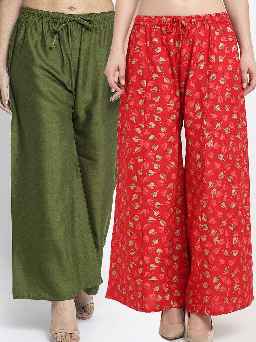 jinfo women green & red printed flared knitted ethnic palazzos pack of 2