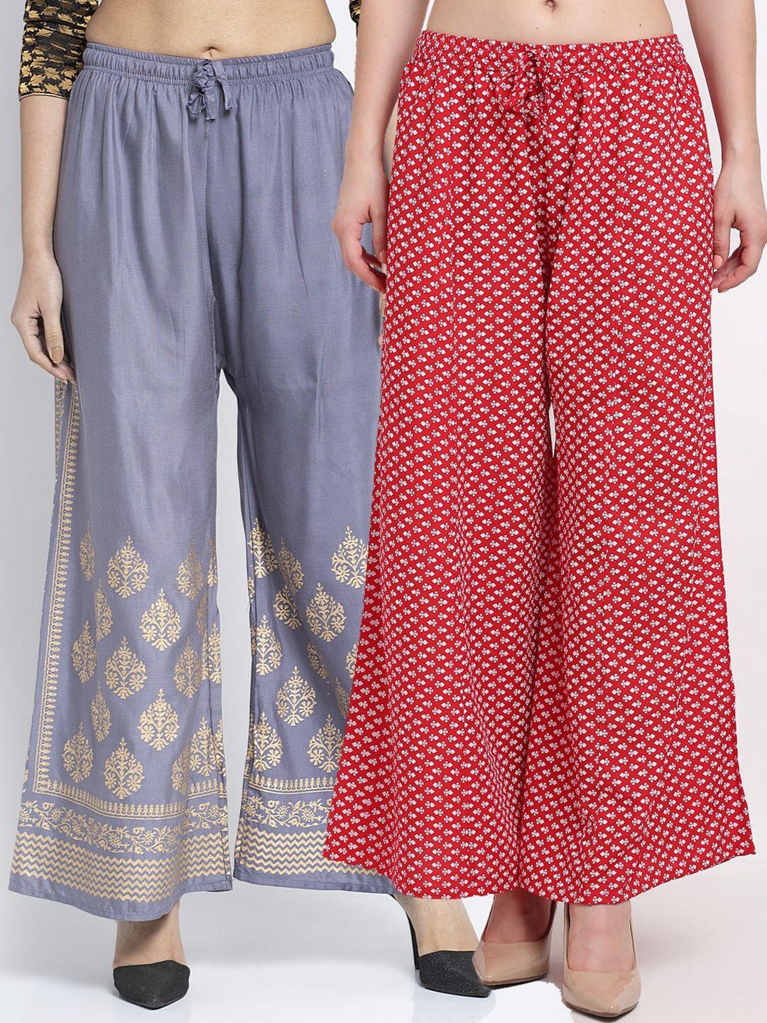 jinfo women grey & red pack of 2 ethnic motifs printed flared palazzos