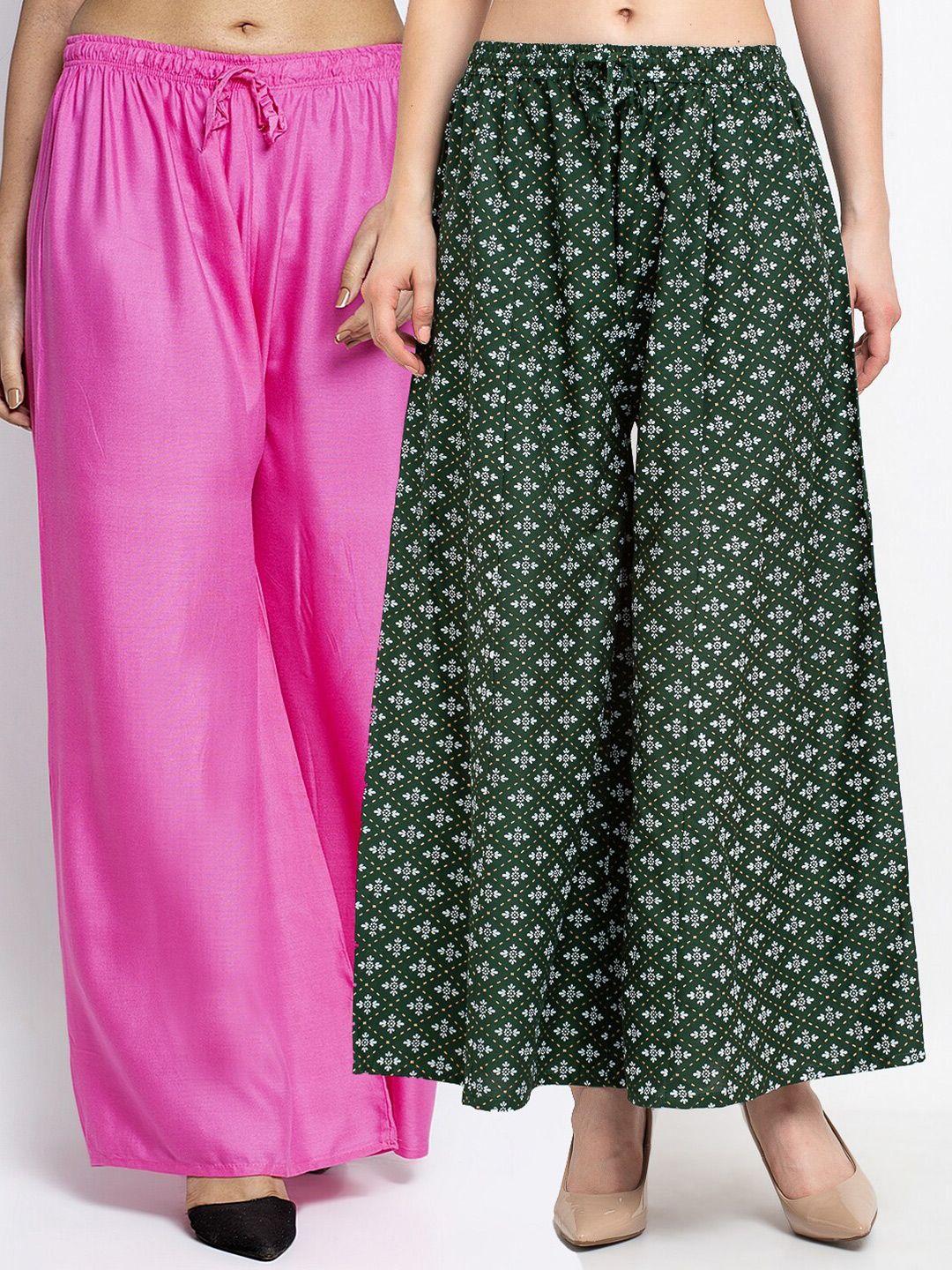 jinfo women magenta & green pack of 2 printed flared knitted ethnic palazzos