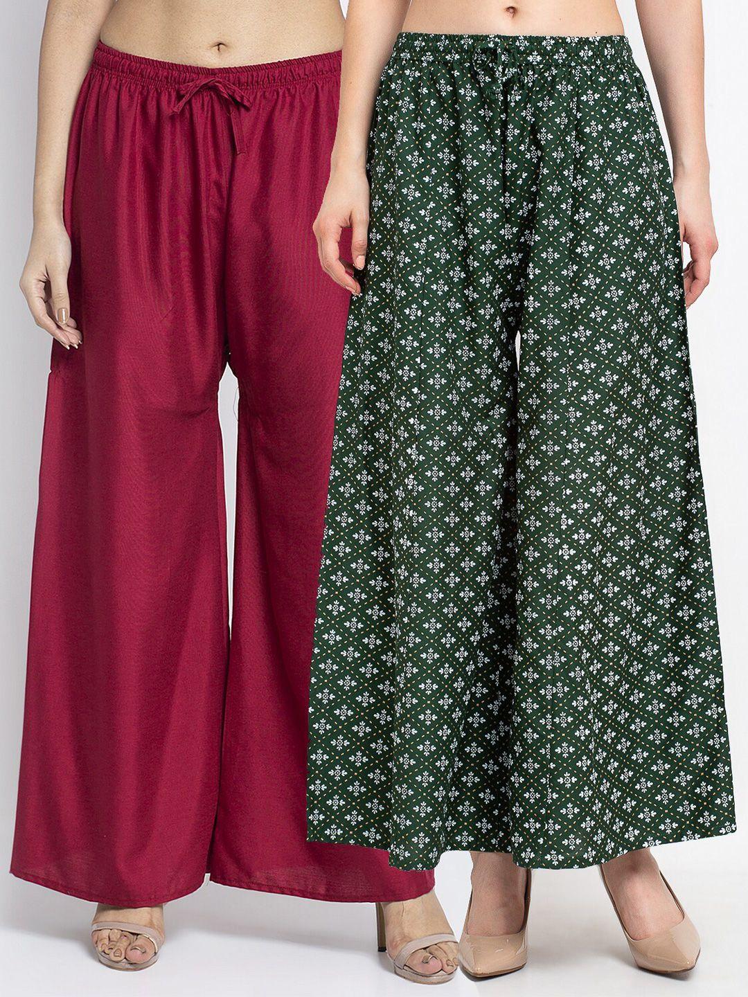 jinfo women maroon & green 2 flared knitted ethnic palazzos