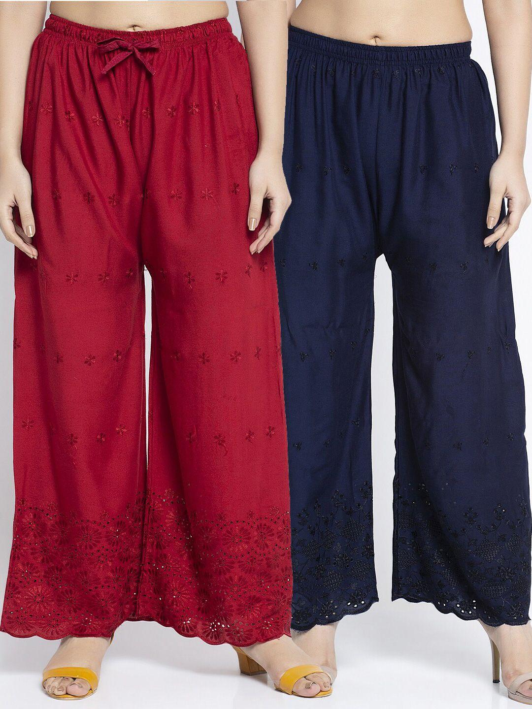 jinfo women maroon & navy blue pack of 2 floral chickankari embroidered palazzos