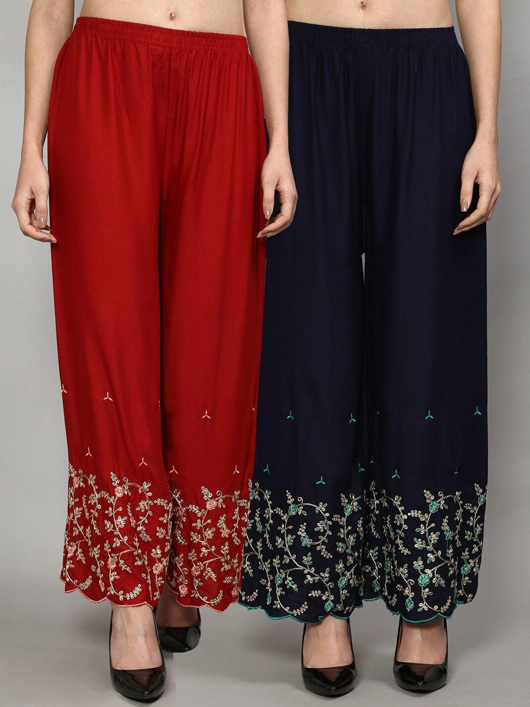 jinfo women maroon & navy blue set of 2 floral embroidered flared ethnic palazzos