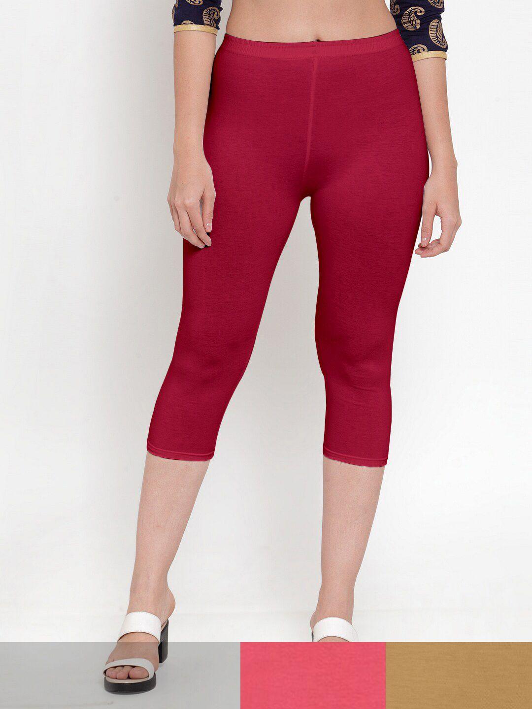 jinfo women maroon & peach-coloured pack of 3 solid capris