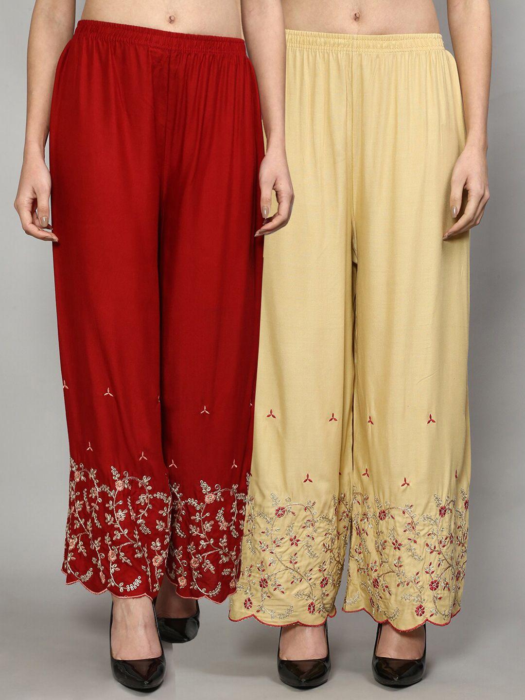 jinfo women maroon &cream set of 2 floral embroidered flared knitted ethnic palazzos