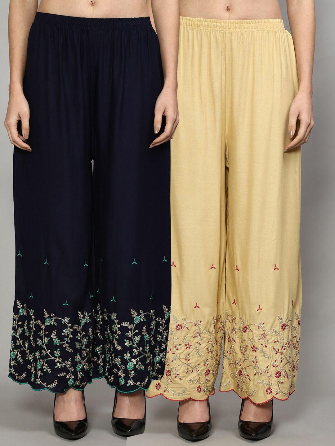 jinfo women navy blue & beige pack of 2 floral embroidered flared ethnic palazzos