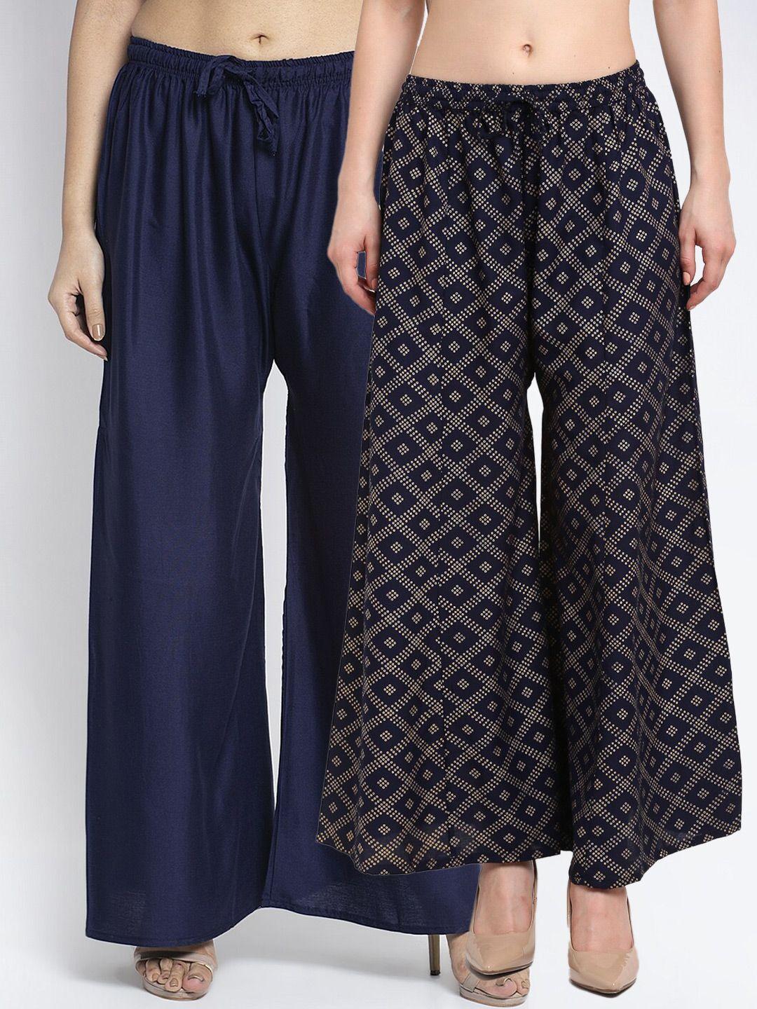 jinfo women navy blue & gold-toned 2 flared ethnic palazzos