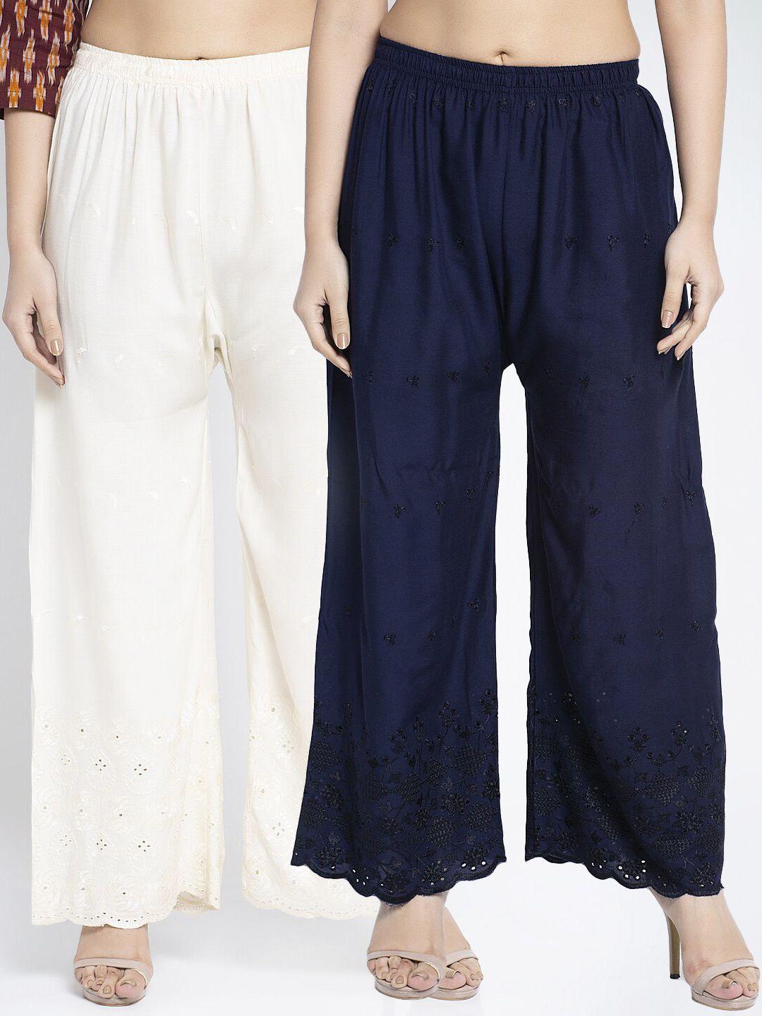 jinfo women navy blue & off white set of 2 ethnic motifs embroidered flared palazzos