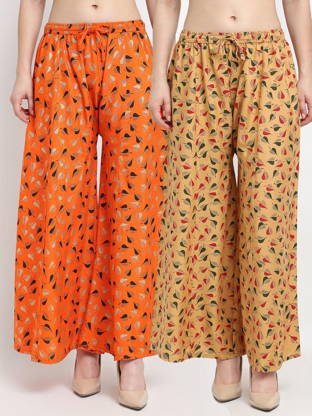 jinfo women orange & beige floral printed flared palazzos set of 2