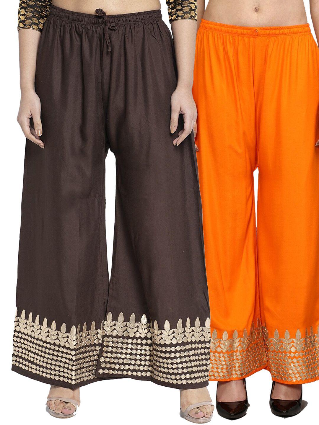 jinfo women orange & brown  pack of 2 gota bottom printed flared ethnic palazzos