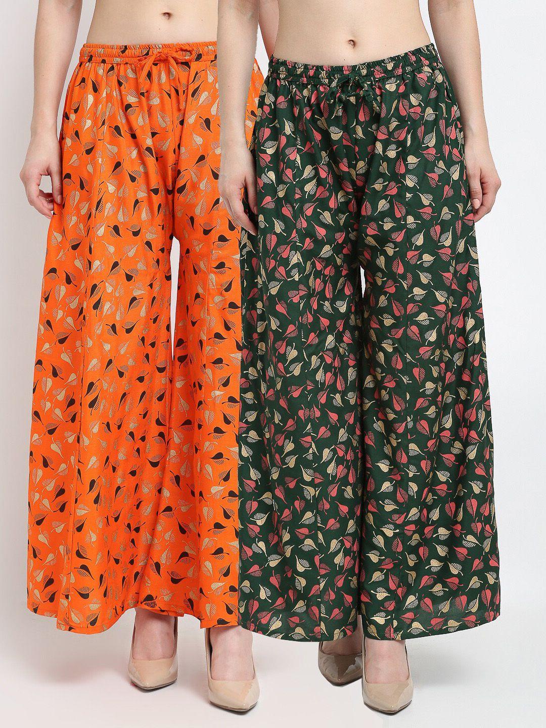 jinfo women orange & green set of 2 floral printed flared fit palazzo