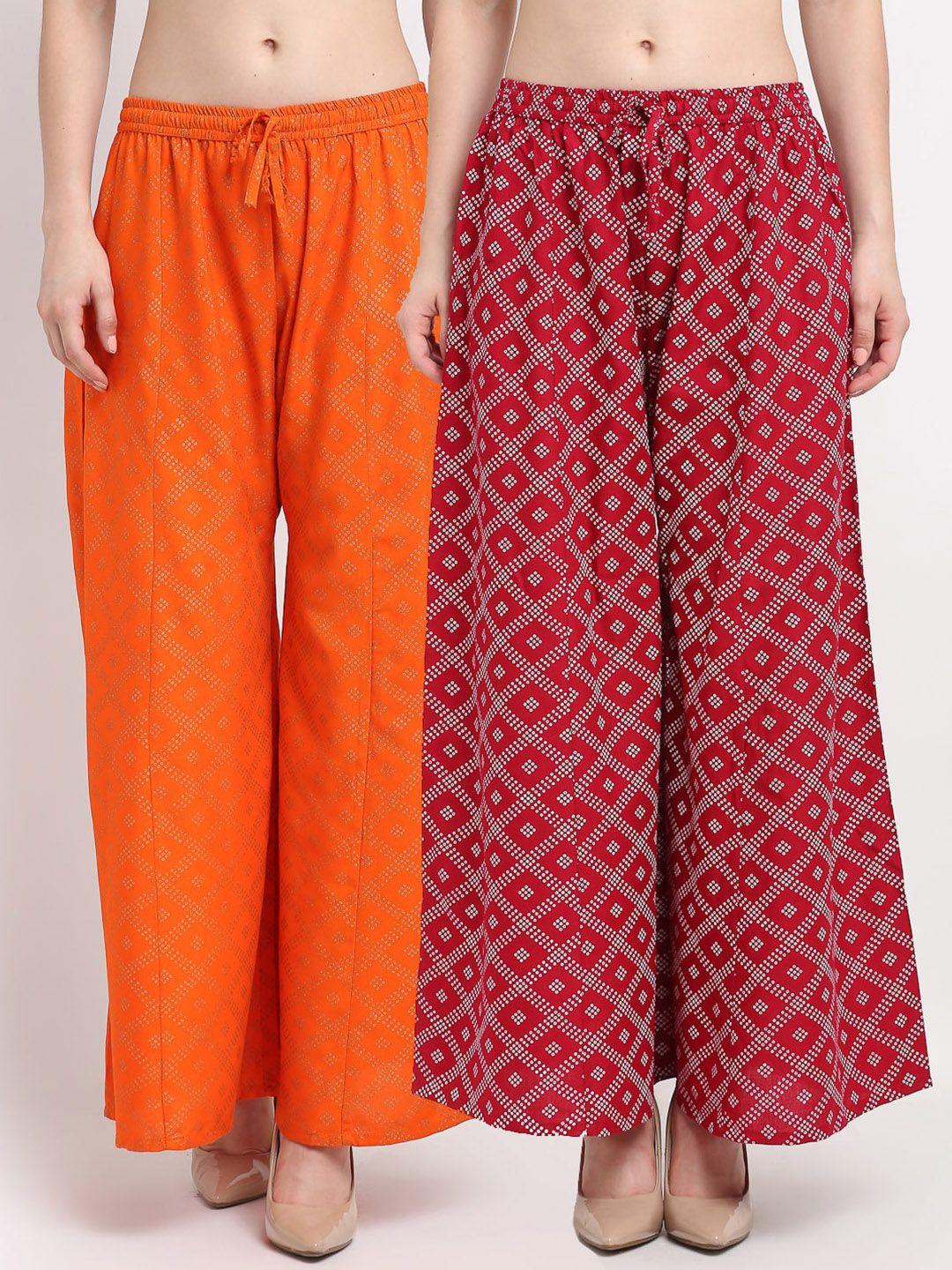jinfo women orange & maroon set of 2 printed flared knitted ethnic palazzos