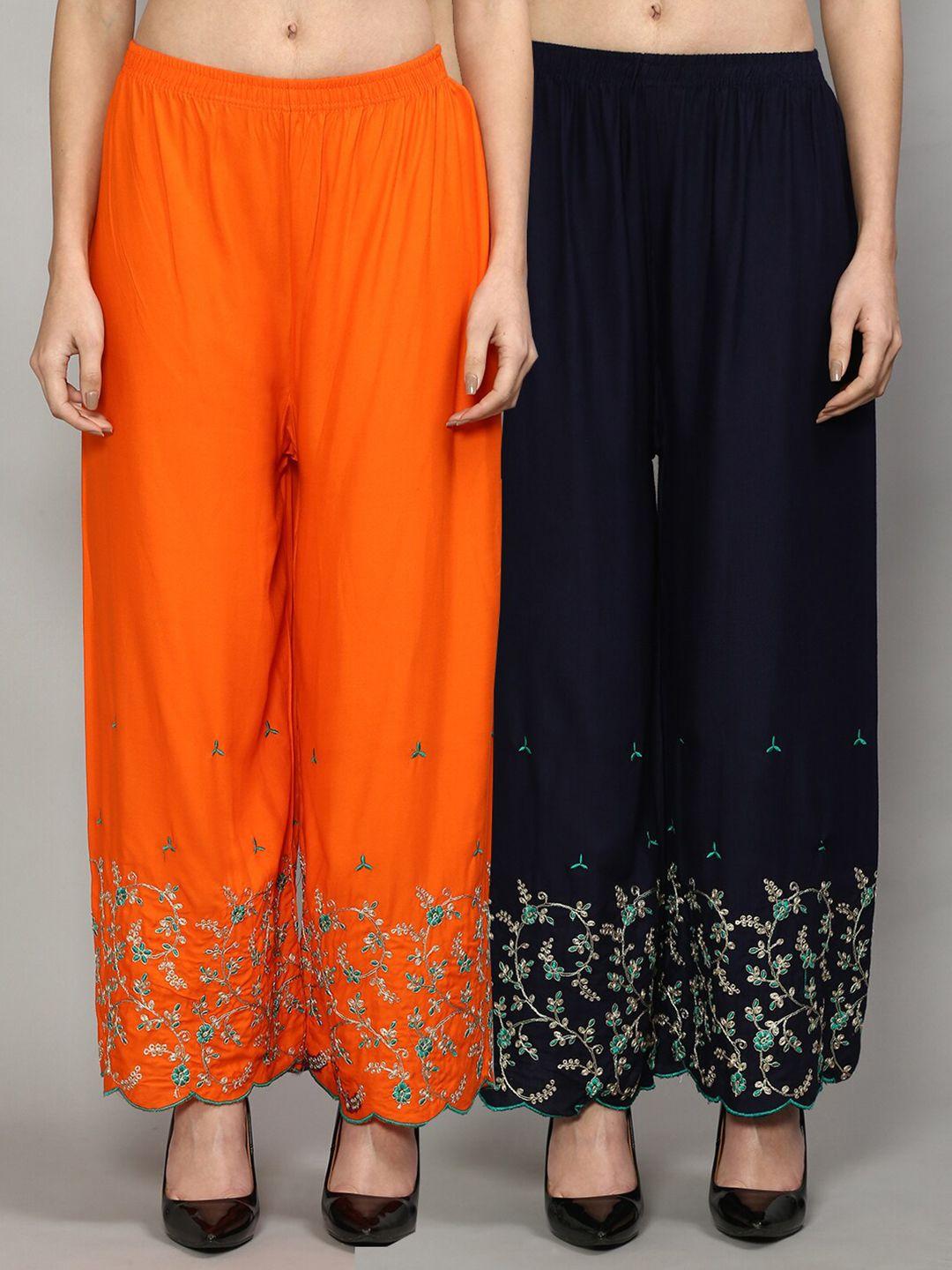 jinfo women orange & navy blue set of 2 floral printed straight fit palazzo