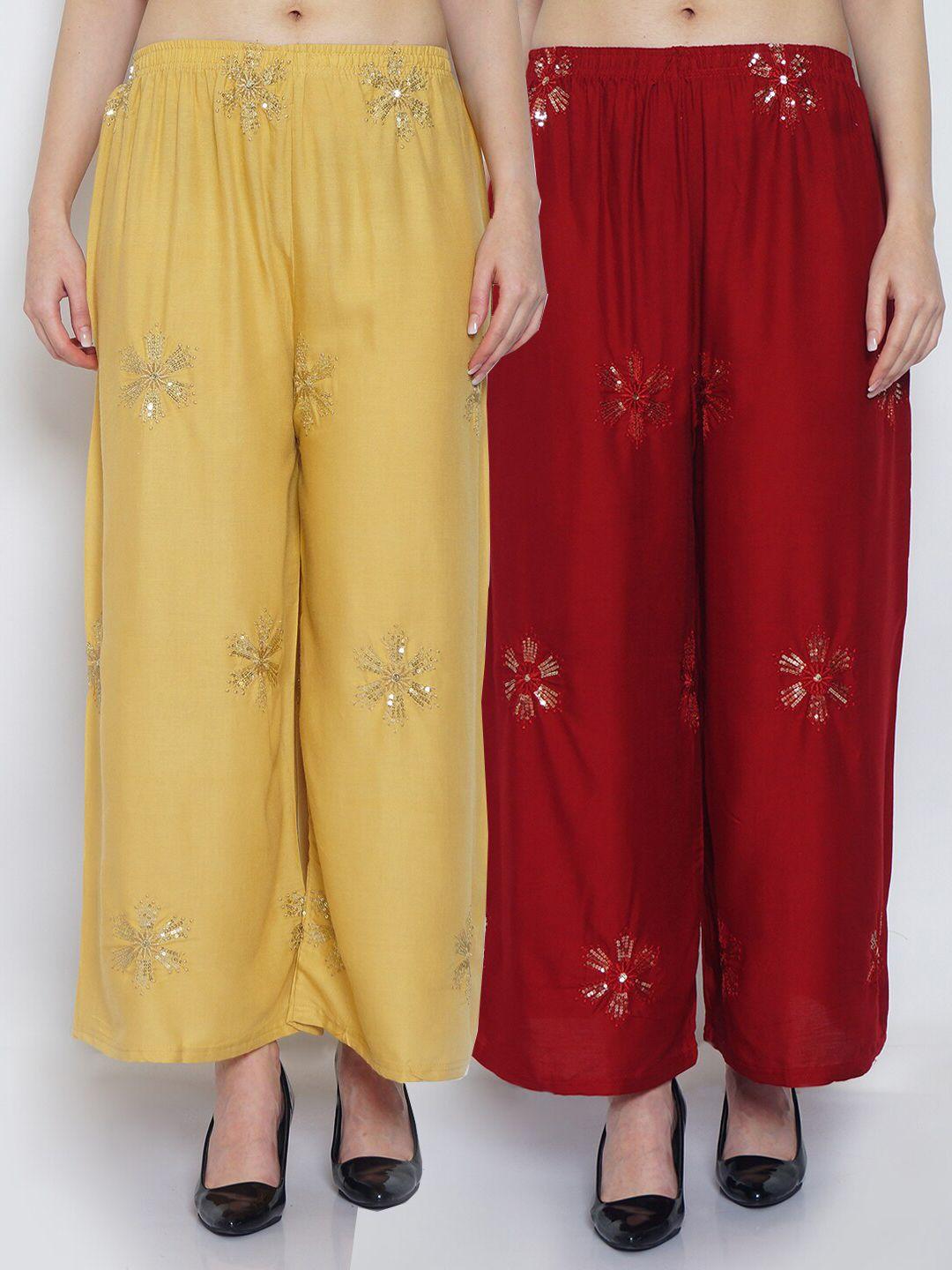 jinfo women pack of 2 beige & maroon floral embroidered flared knitted ethnic palazzos