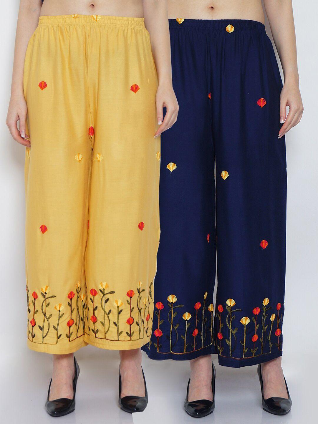 jinfo women pack of 2 beige & navy blue ethnic motifs embroidered ethnic palazzos