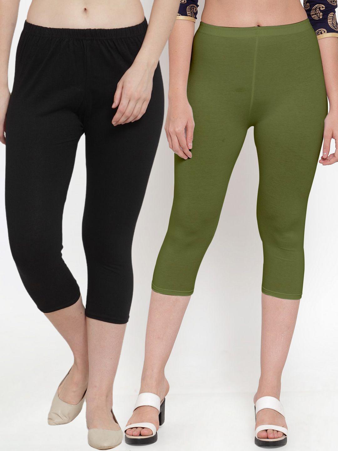 jinfo women pack of 2 black & green cotton slim fit capris