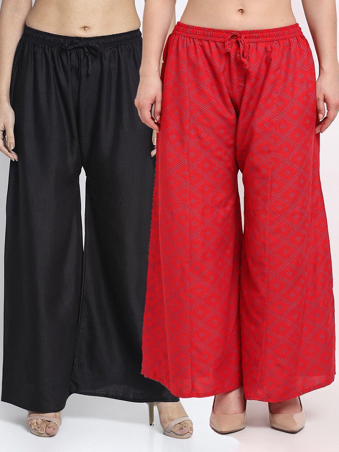 jinfo women pack of 2 black & red ethnic motifs printed flared ethnic palazzos