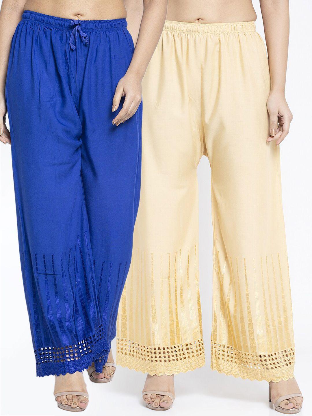 jinfo women pack of 2 blue & cream-coloured flared ethnic palazzos