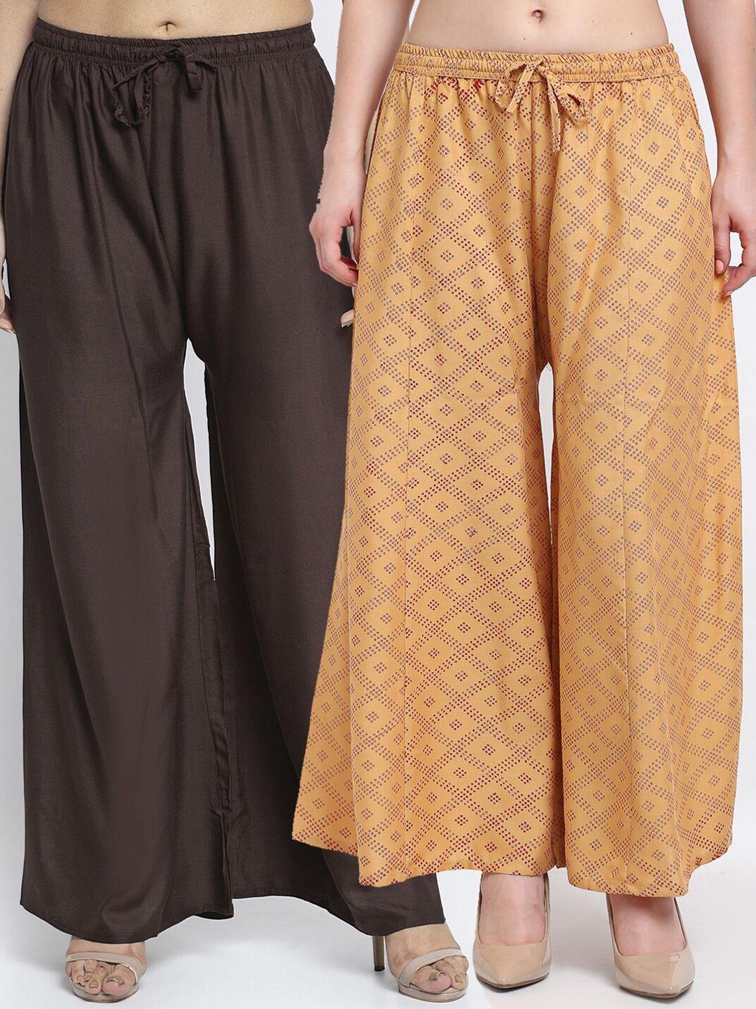 jinfo women pack of 2 brown & beige printed flared knitted ethnic palazzos