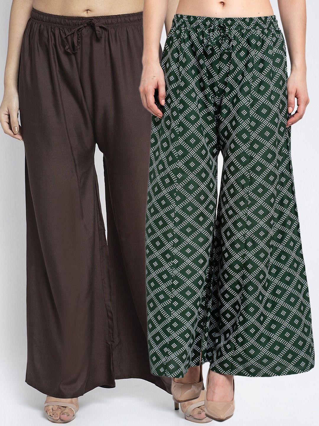 jinfo women pack of 2 coffee brown & green flared ethnic palazzos