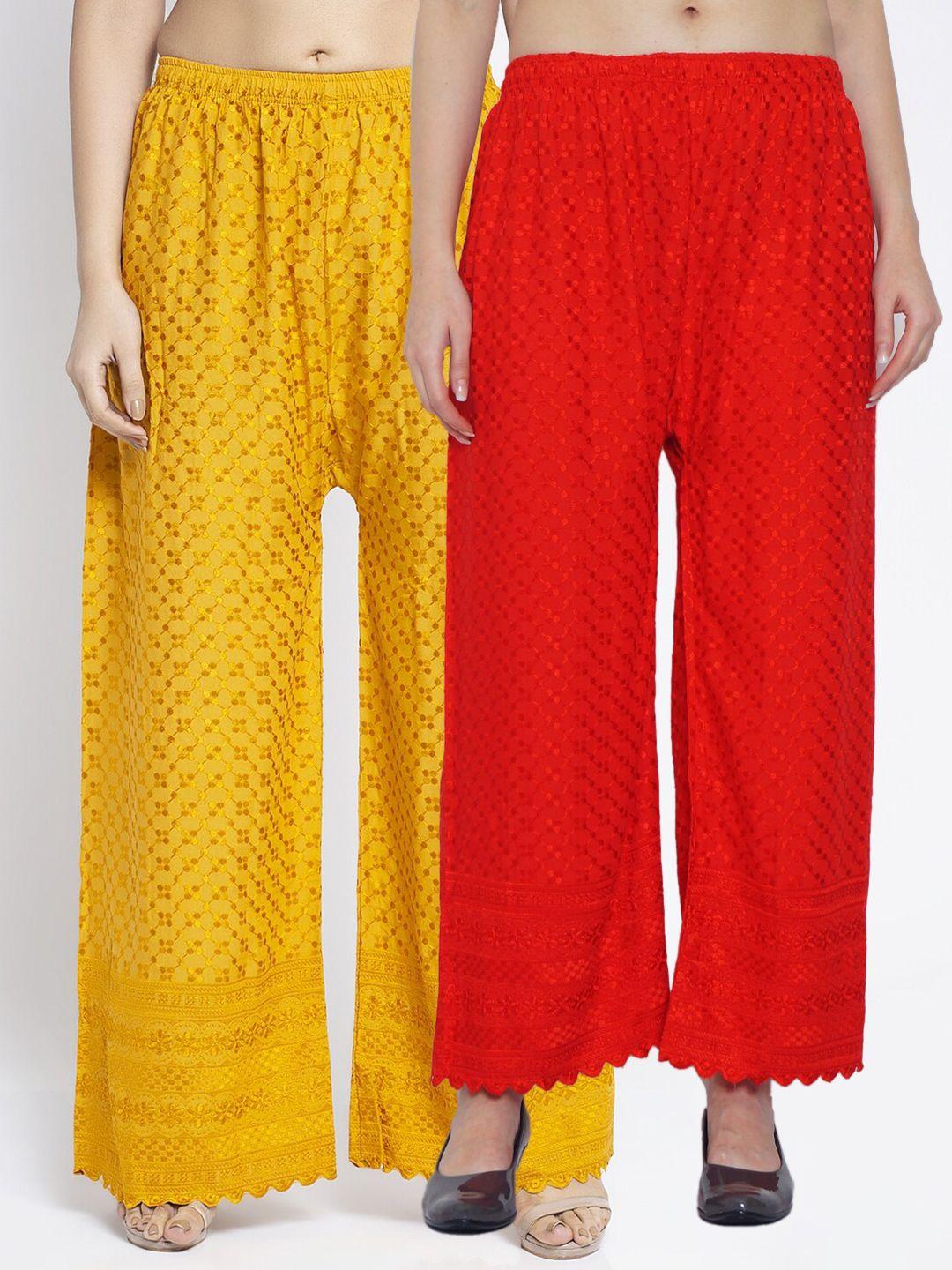 jinfo women pack of 2 embroidered flared knitted ethnic cotton palazzos