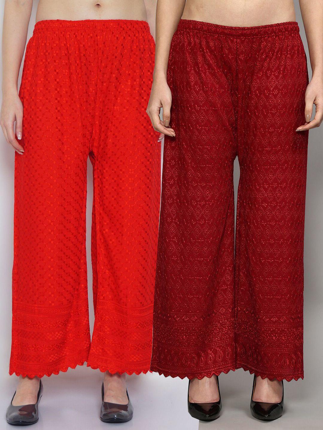 jinfo women pack of 2 embroidered flared knitted ethnic cotton palazzos