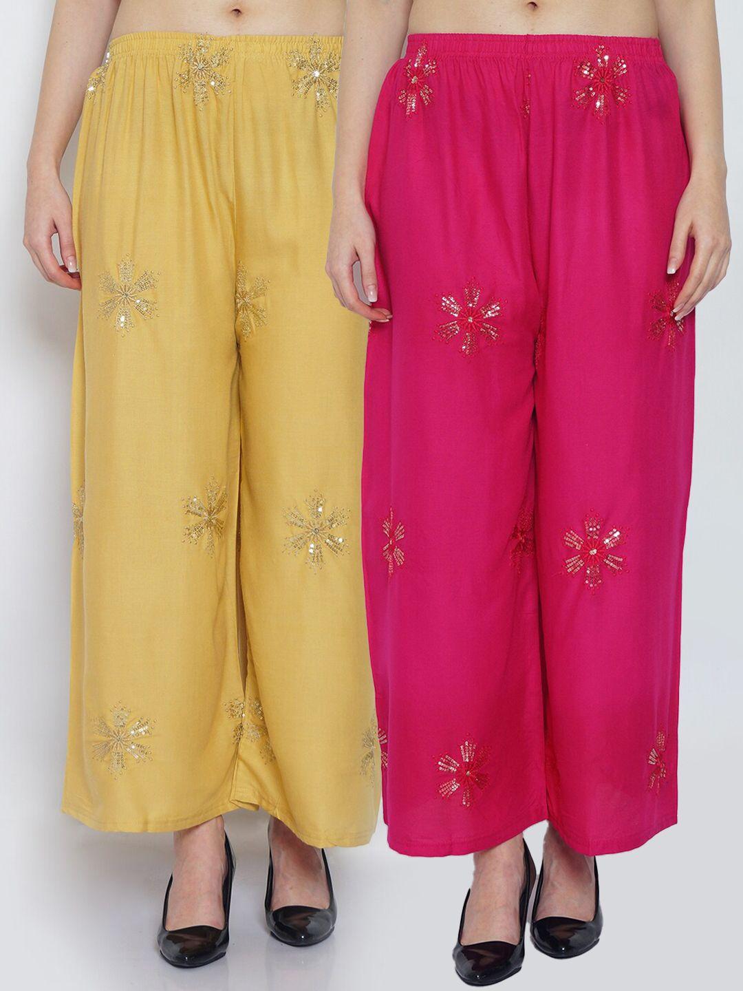 jinfo women pack of 2 floral embellished flared ethnic palazzos