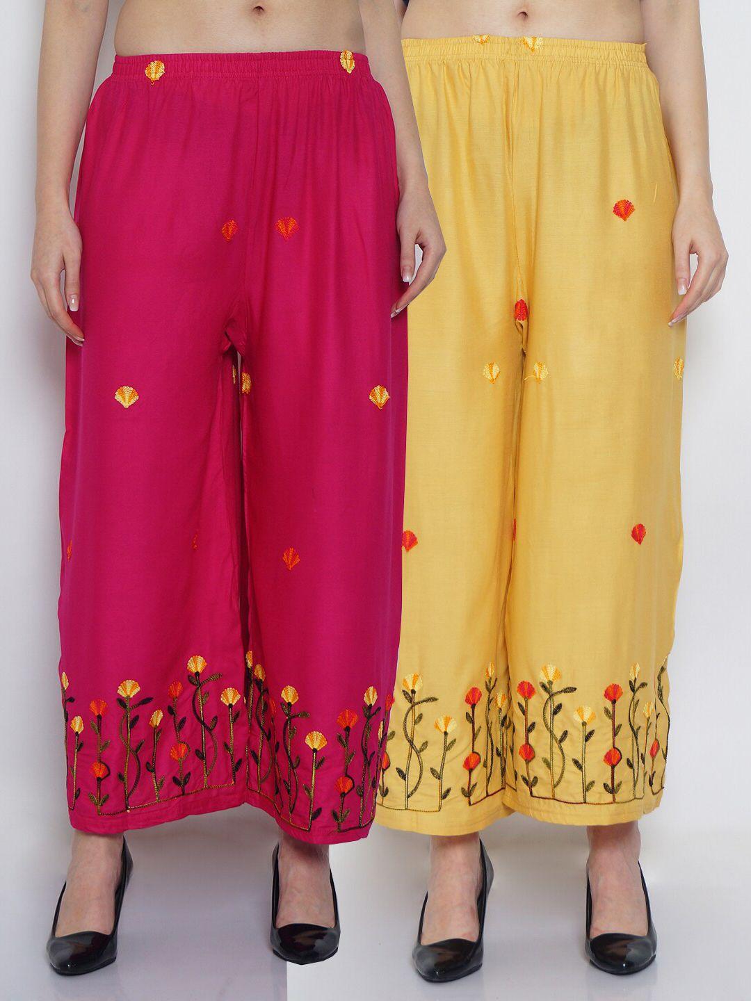 jinfo women pack of 2 floral embroidered flared ethnic palazzos