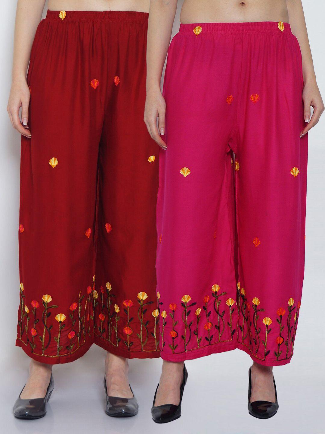 jinfo women pack of 2 floral embroidered flared ethnic palazzos