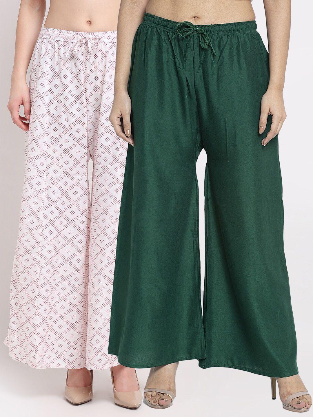 jinfo women pack of 2 green & white printed flared knitted ethnic palazzos