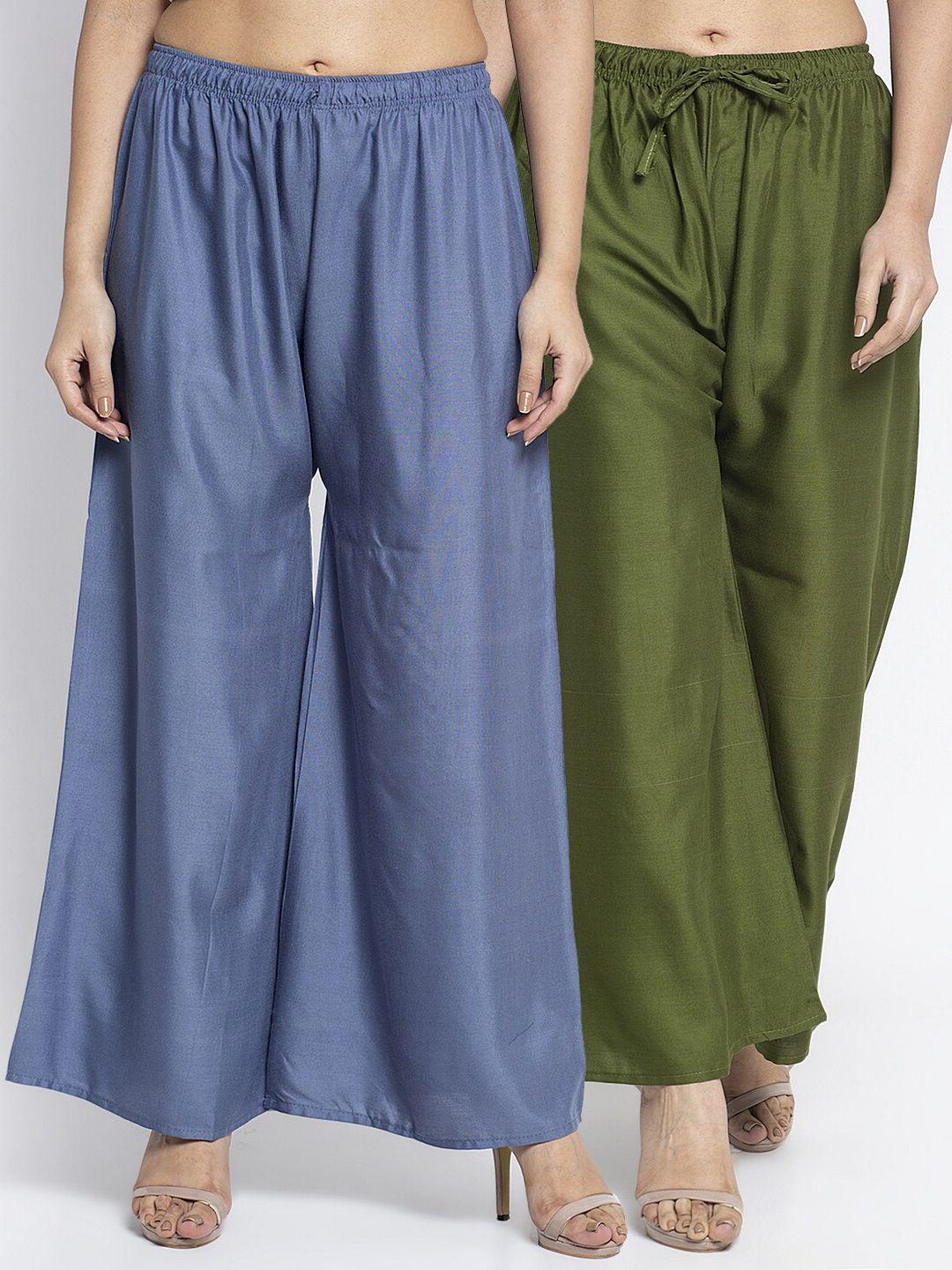 jinfo women pack of 2 grey & green solid flared palazzos