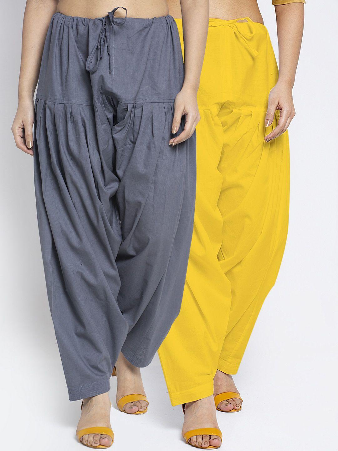 jinfo women pack of 2 grey & yellow loose fit solid cotton salwar