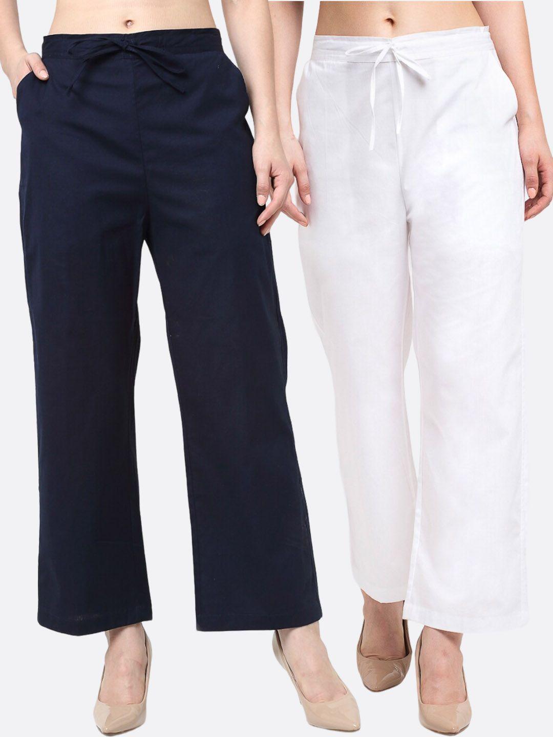 jinfo women pack of 2 mid-rise smart cemric cotton loose fit trousers