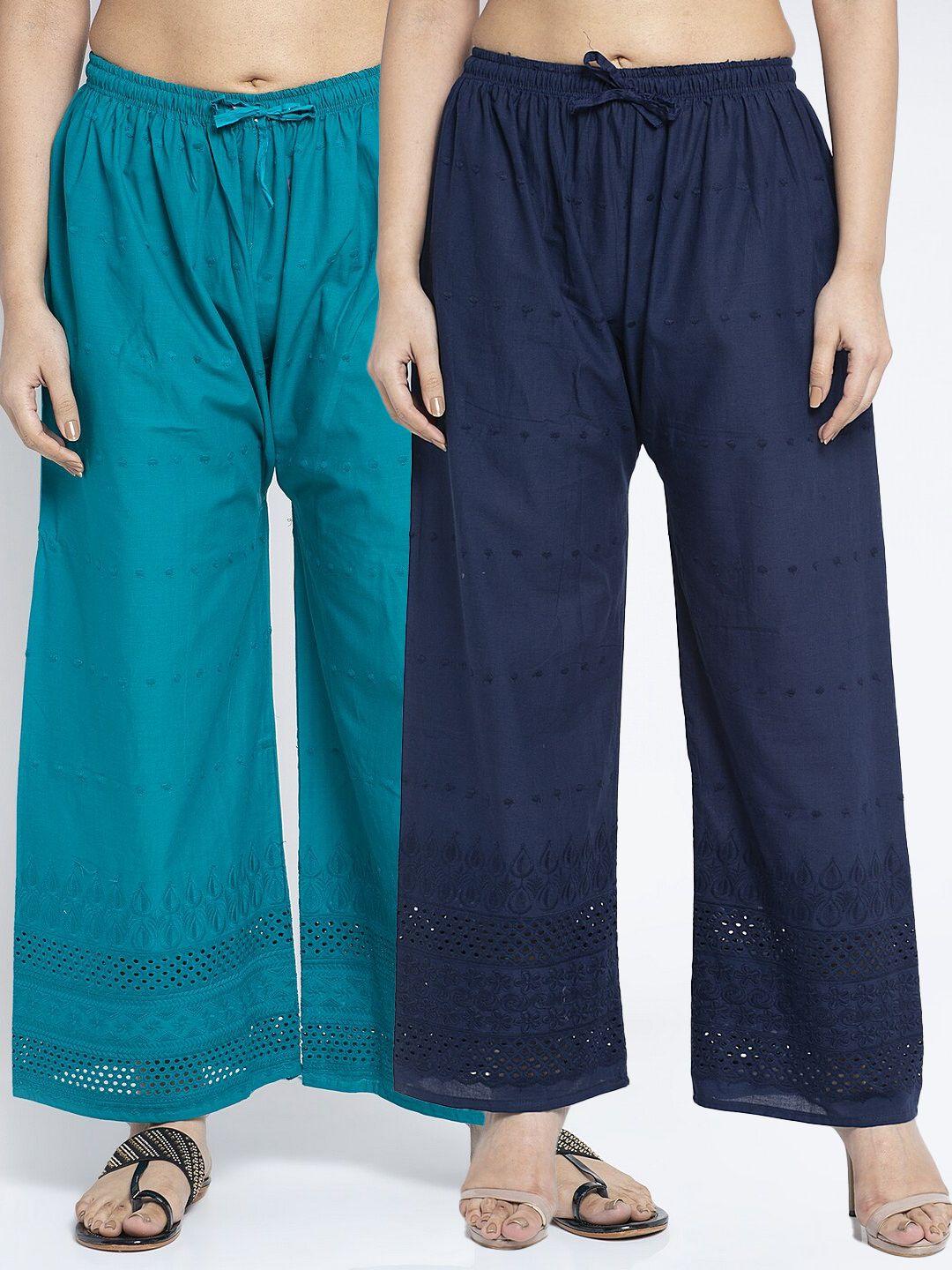 jinfo women pack of 2 navy blue & turquoise blue embroidered flared palazzos
