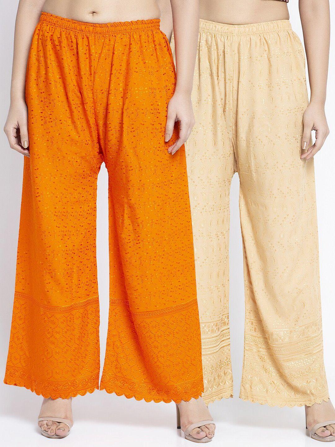 jinfo women pack of 2 orange & beige chikankari embroidered cotton ethnic palazzos