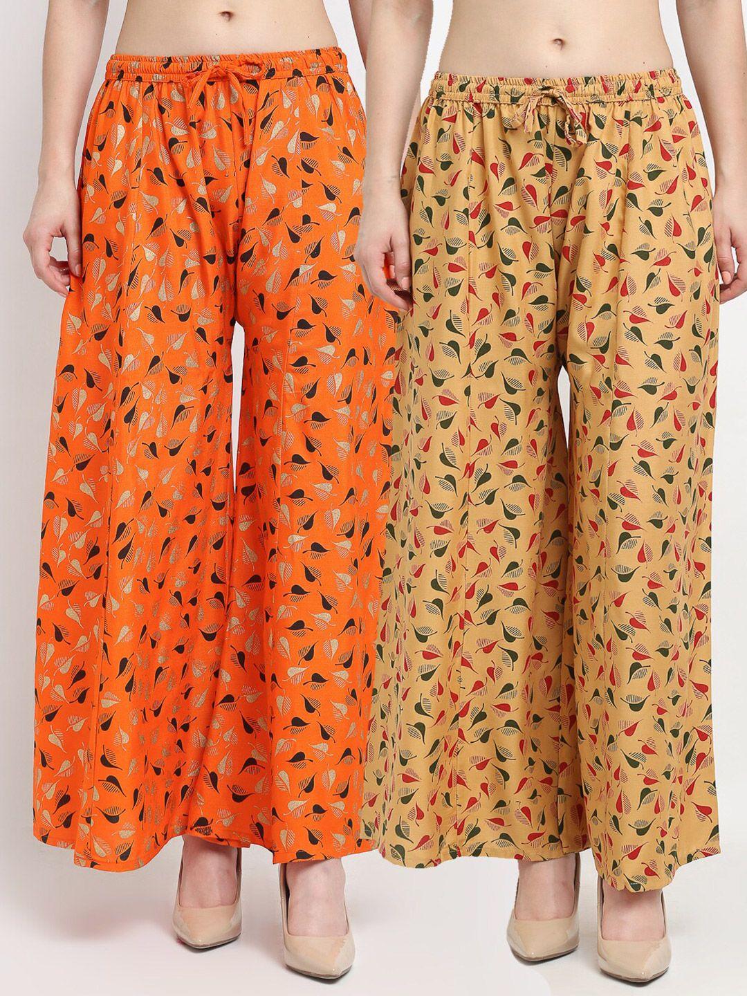 jinfo women pack of 2 orange & beige floral printed flared knitted ethnic palazzos