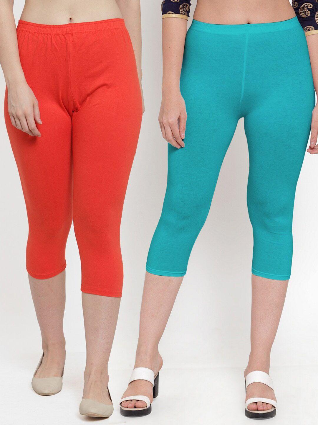 jinfo women pack of 2 orange & turquoise blue capris