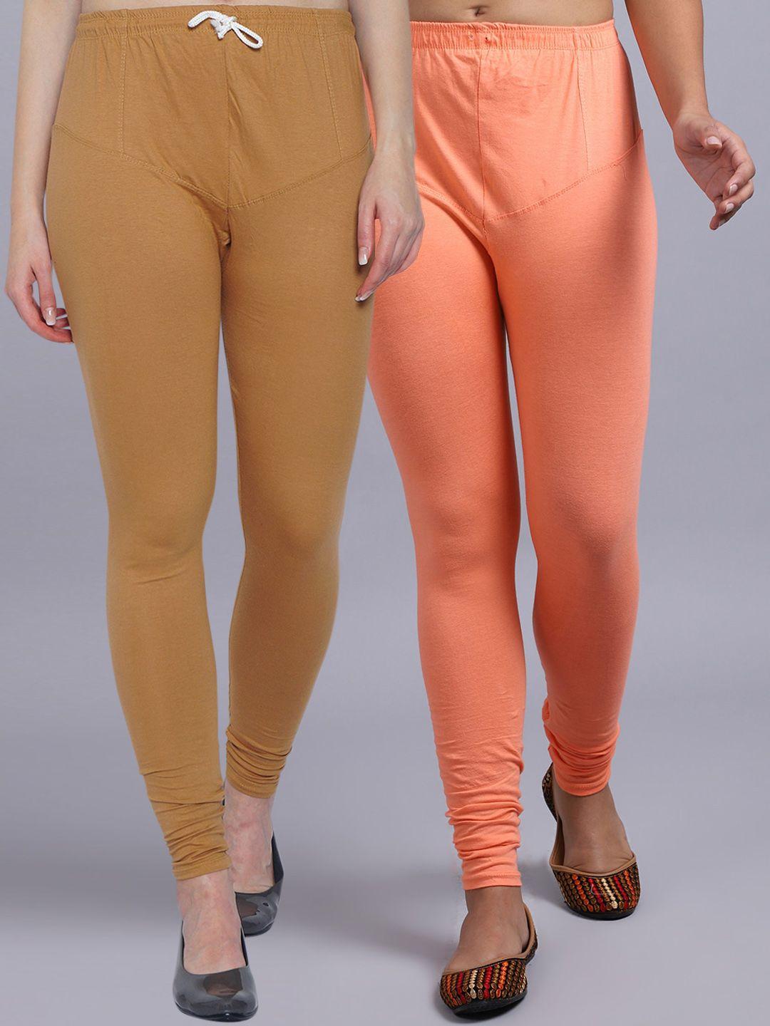 jinfo women pack of 2 peach colored & dark beige colored solid ankle length leggings