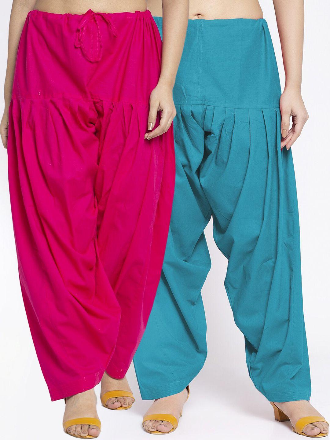 jinfo women pack of 2 pink & blue solid cotton loose fit salwar