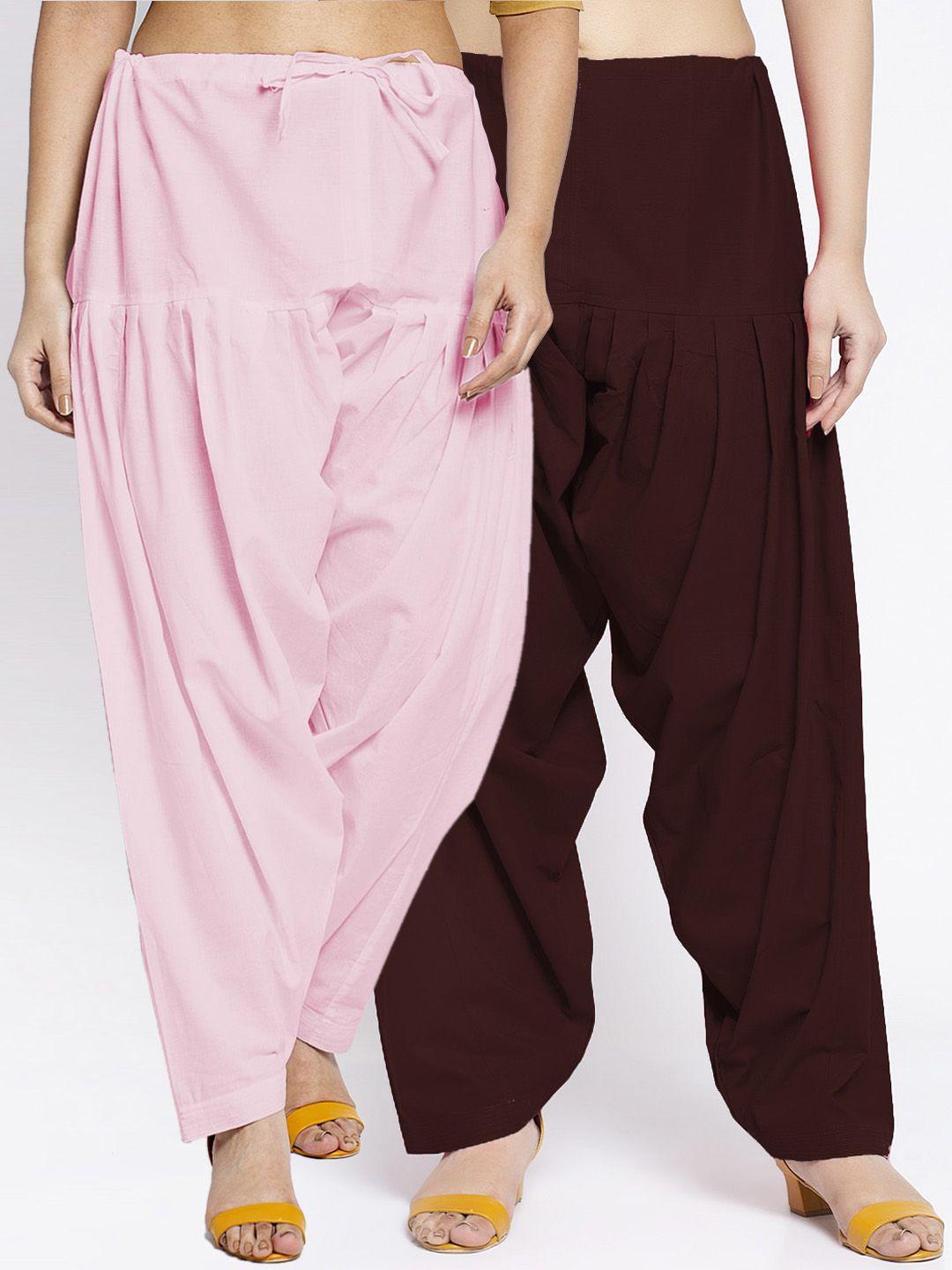 jinfo women pack of 2 pink & brown solid cotton salwars